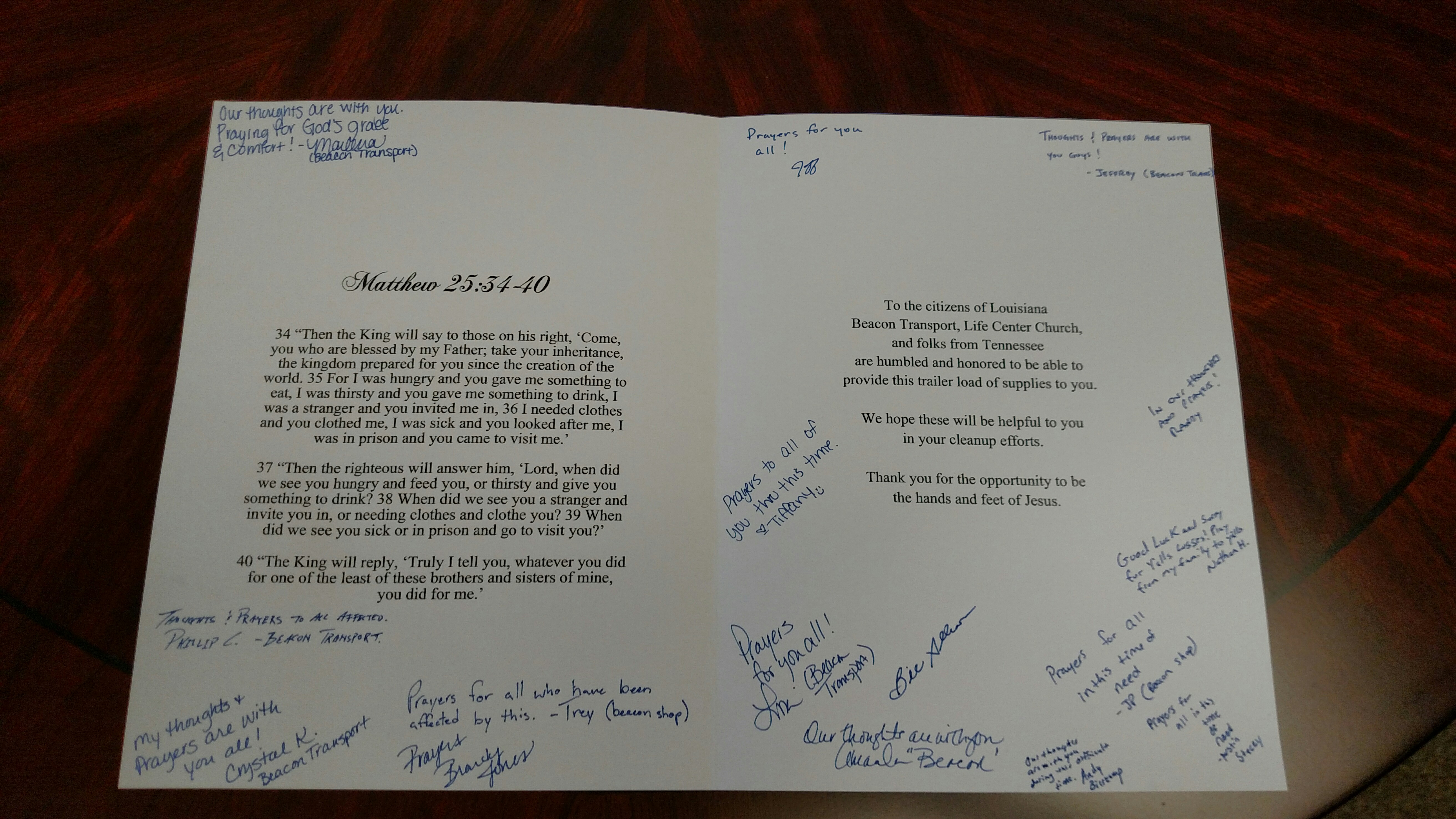 Card with signatures for Trucking Logistics during the 2016 Flood